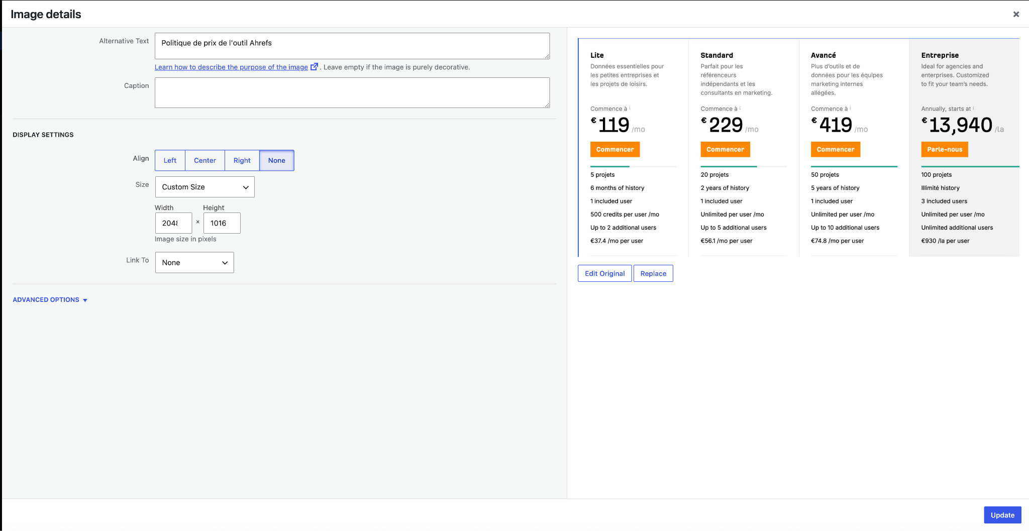 intégration d'un texte alternatif depuis le cms wordpress 