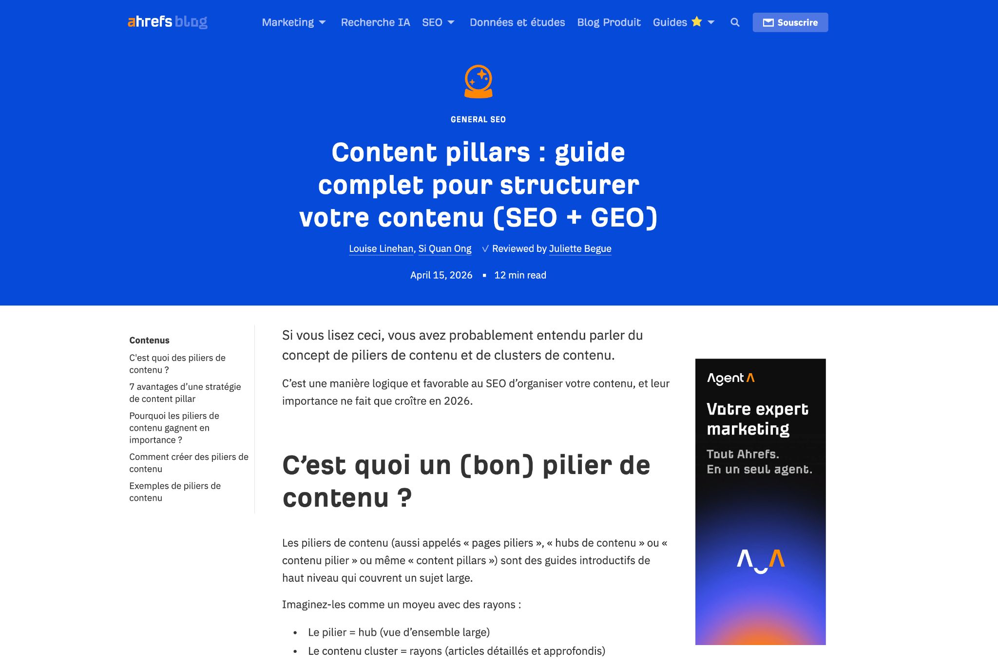 Article sur les content pillars d'ahrefs 