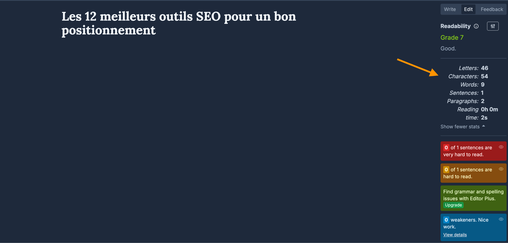 vérification du nombre de mots de la balise titre sur l'outil Hemingway 