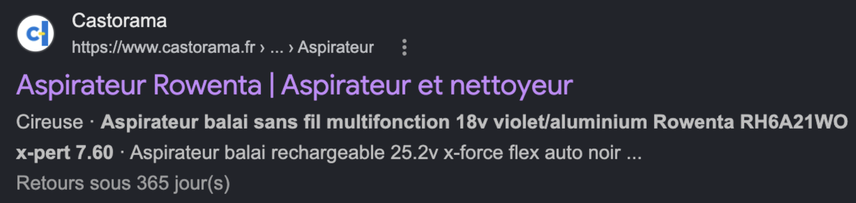 Exemple de balise titre pour les pages produits 