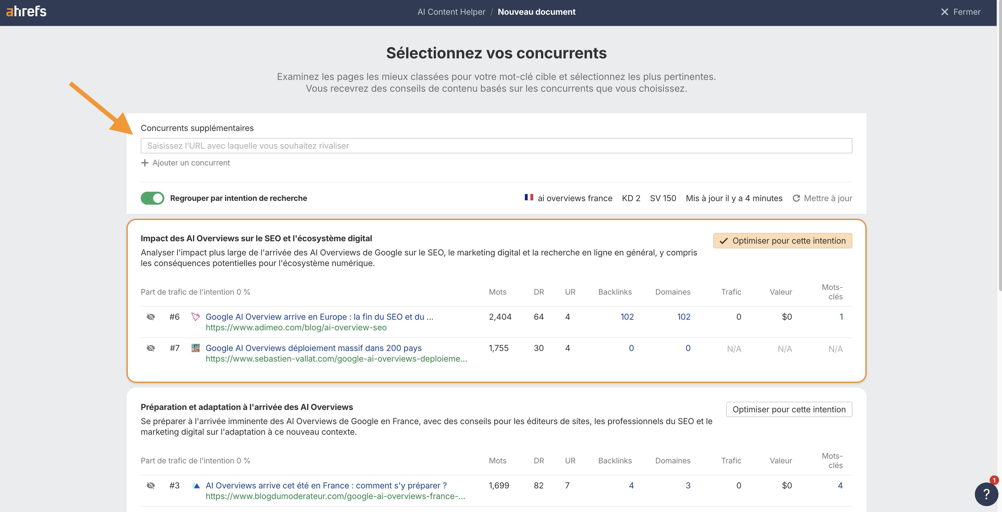 Sélection de concurrents personnalisés dans Ahrefs AI Content Helper