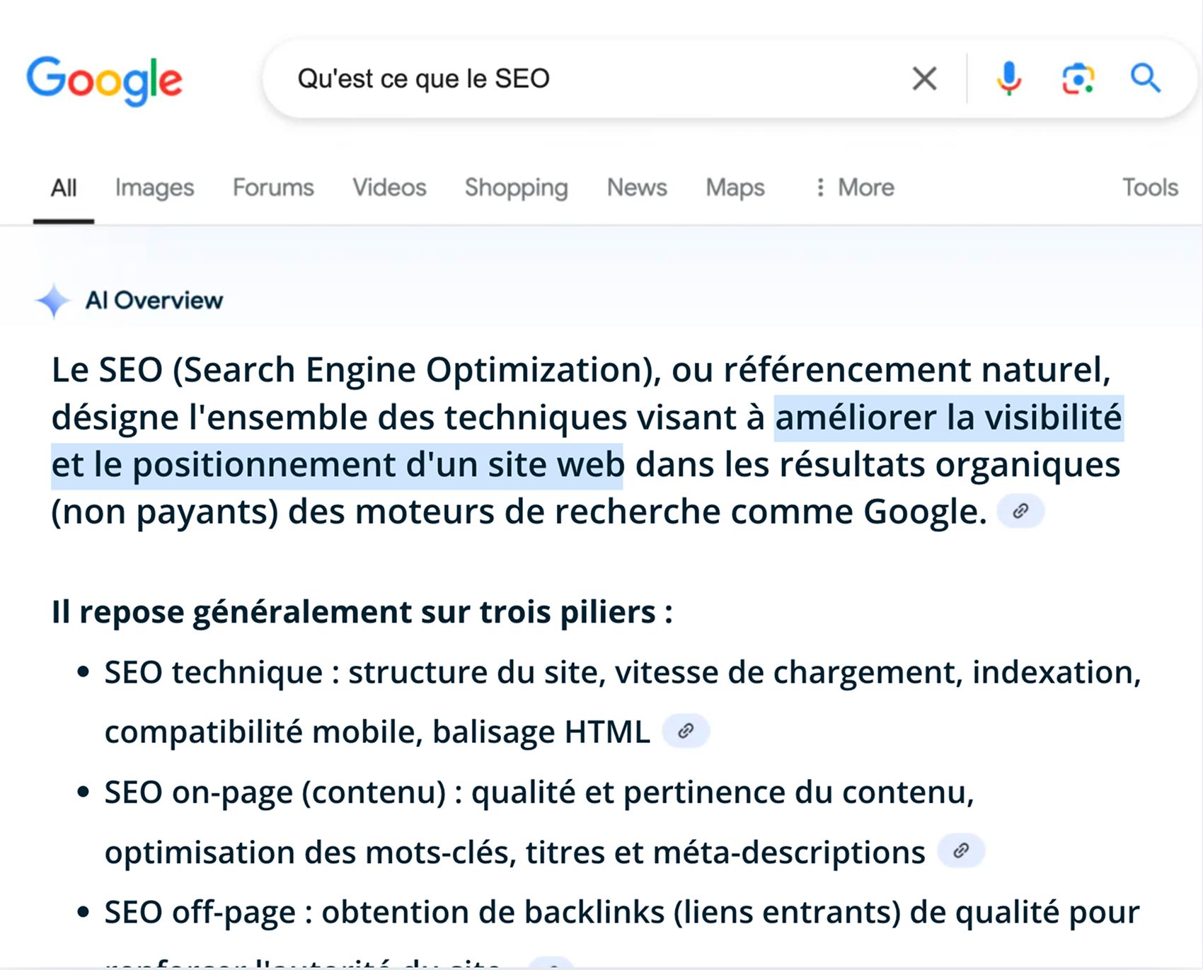 Exemple d'un AI Overview en France sur une requête SEO