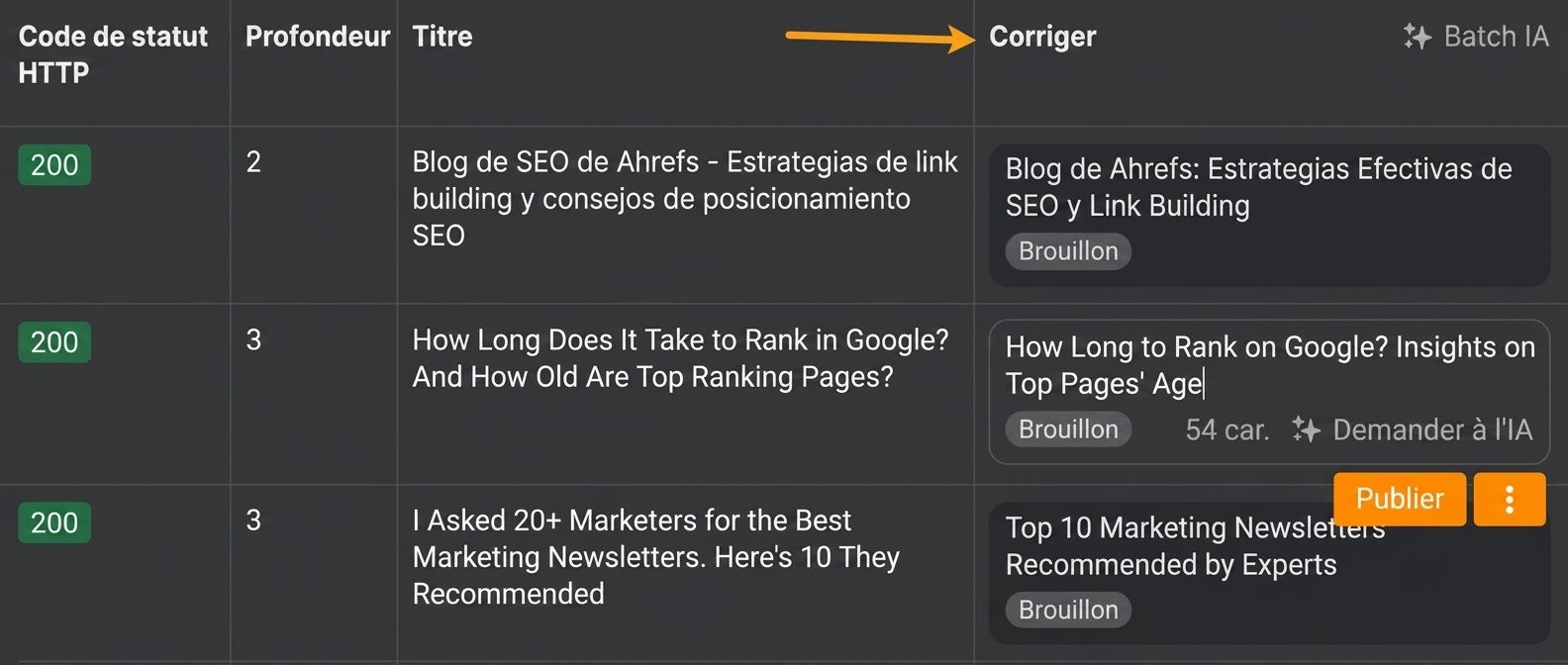Correction des titres d'articles directement dans Site Audit.