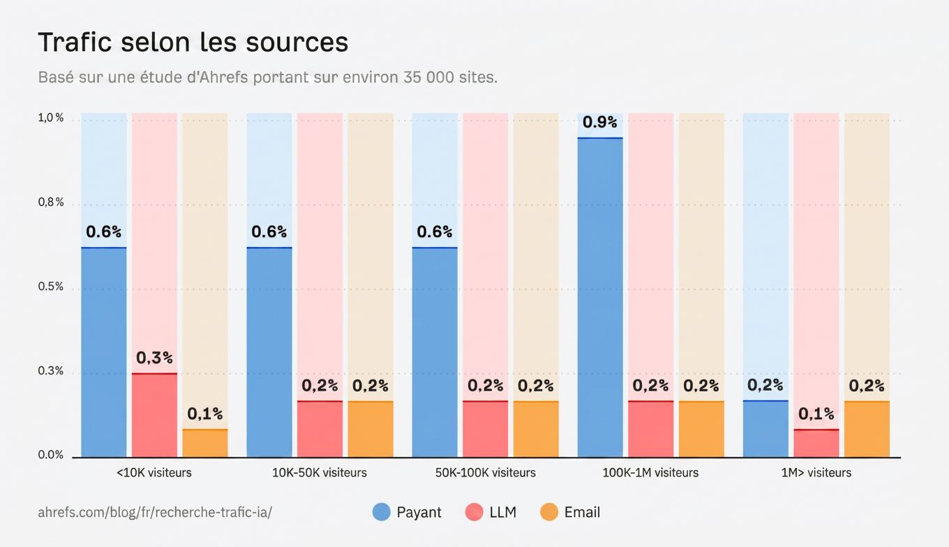 Graphique en barres montrant le trafic par source selon différentes tranches de visiteurs, avec les pourcentages de trafic Payant, LLM et E-mail pour des segments allant de moins de 10 000 à plus de 1 million de visiteurs