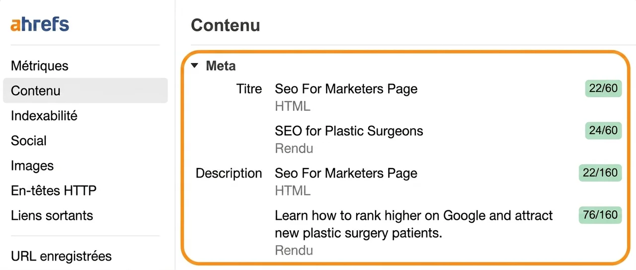 Titres et méta-descriptions bruts vs rendus dans la SEO Toolbar d'Ahrefs