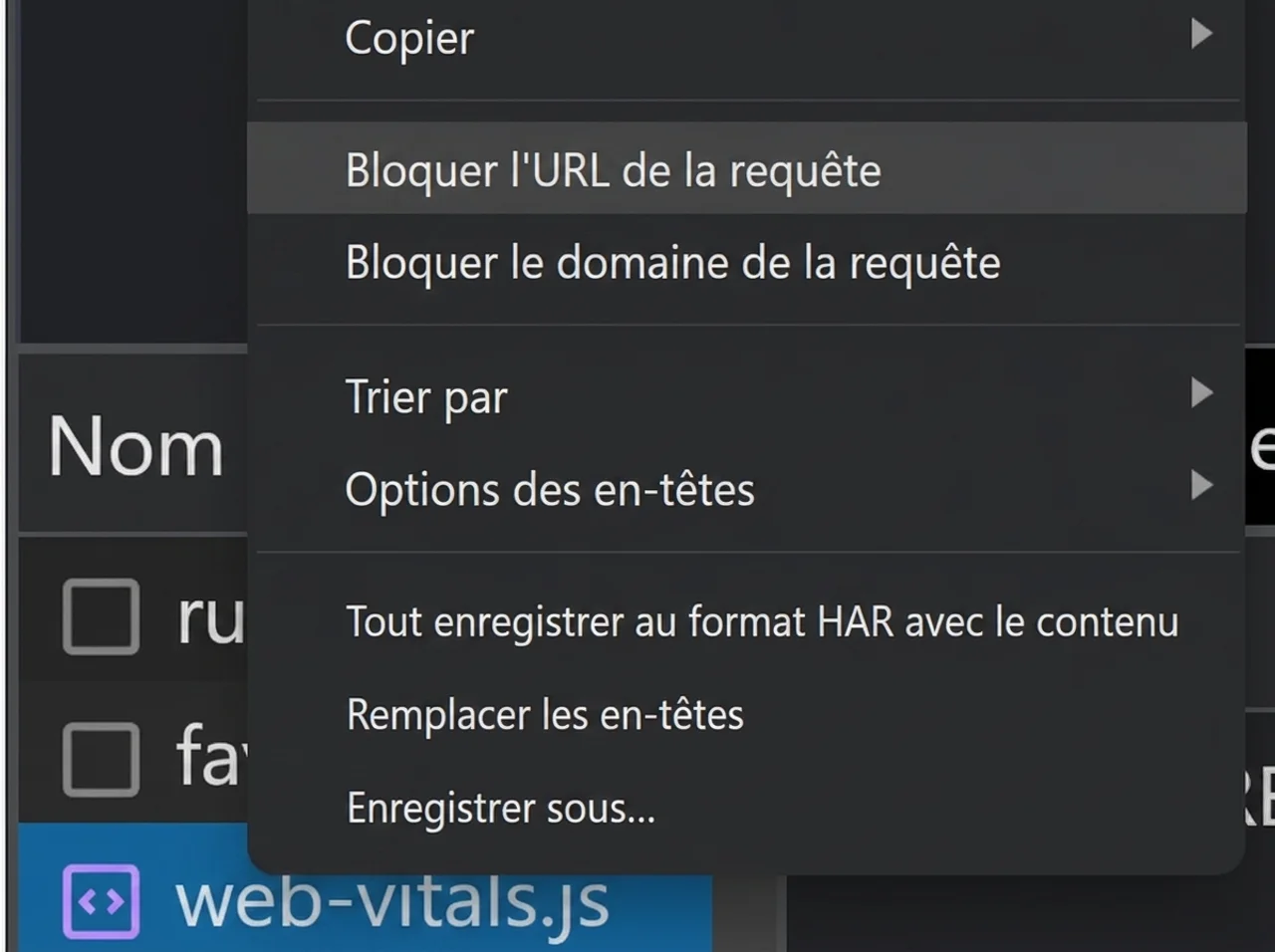 Option « Block request URL » dans le menu déroulant