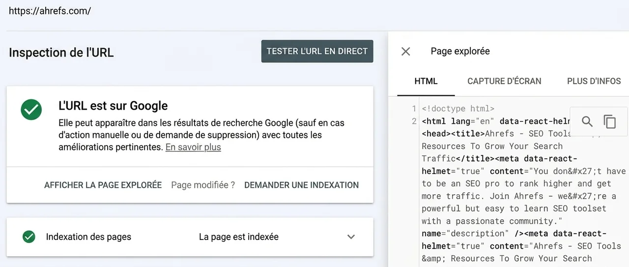 Outil d'inspection d'URL montrant le code rendu par Google