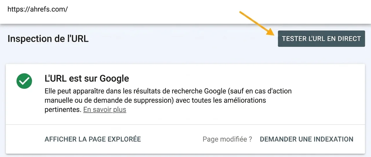 Option Tester l'URL en direct dans Google Search Console
