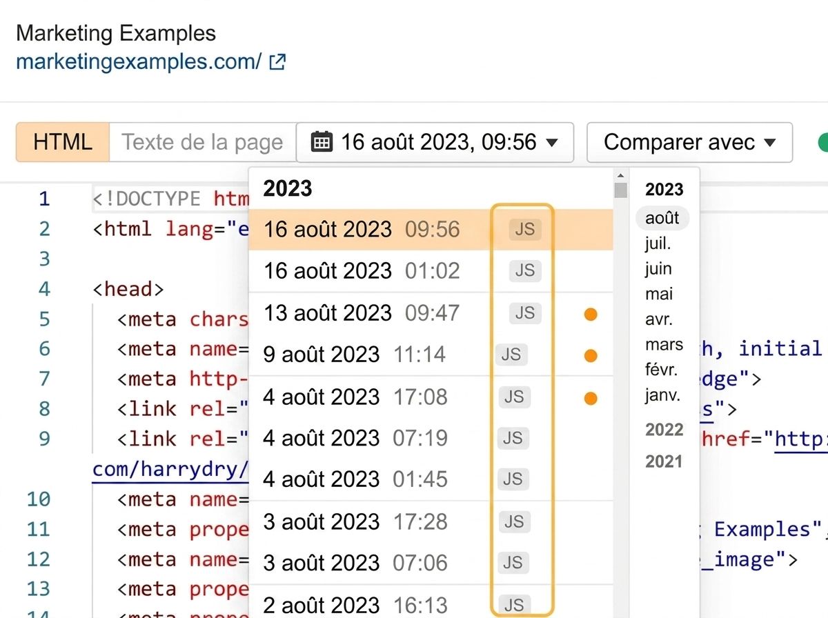 Pages explorées avec rendu JavaScript dans Site Explorer
