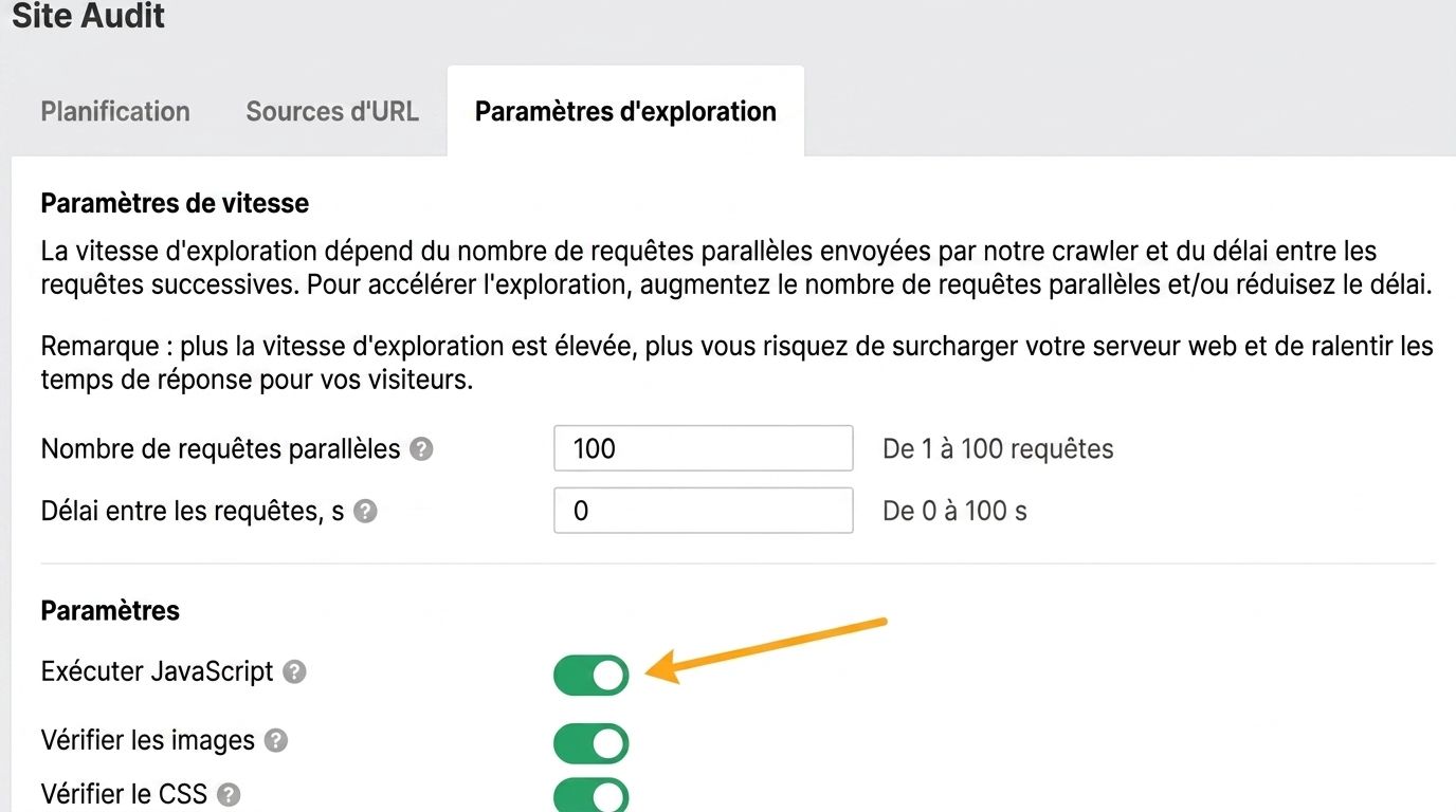 Activer le rendu JavaScript dans le Site Audit d'Ahrefs