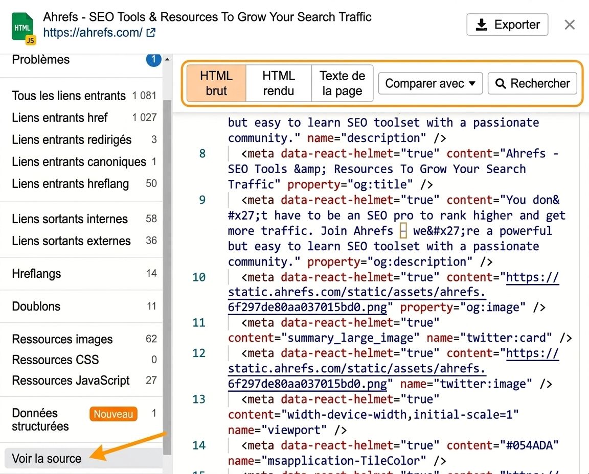Comparatif HTML brut et rendu dans Site Audit