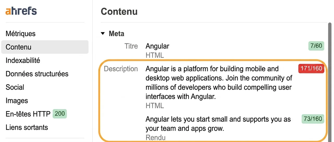 SEO Toolbar affichant les différences entre balises brutes et rendues