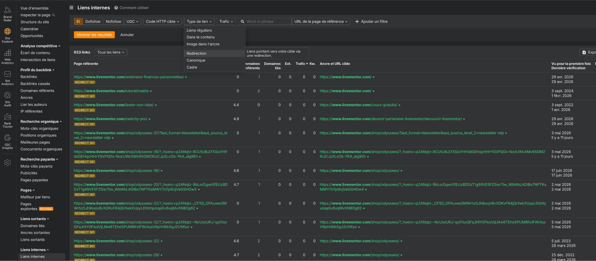 Trouver des redirections sur Ahrefs