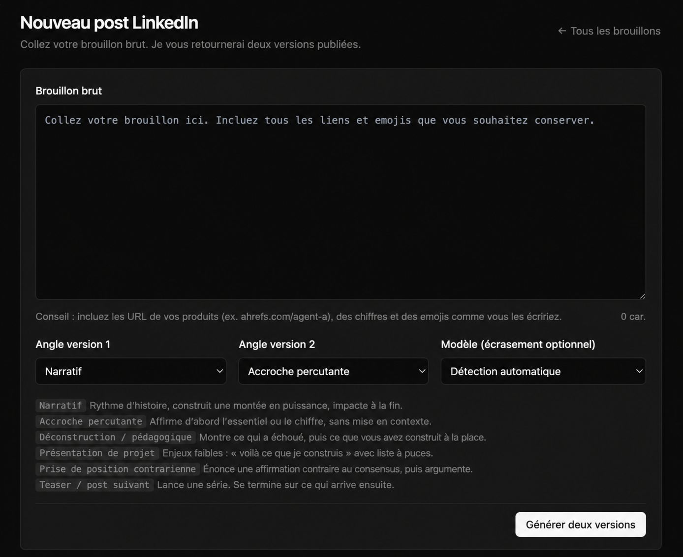 Partir d'un brouillon pour faire un post linkedin sur Letaido
