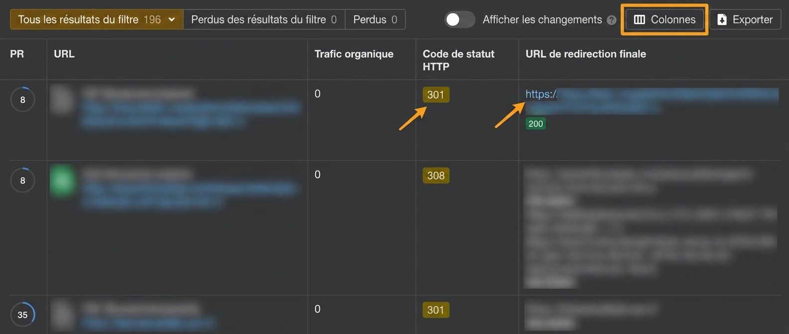 Ajout de la colonne Final redirect URL.