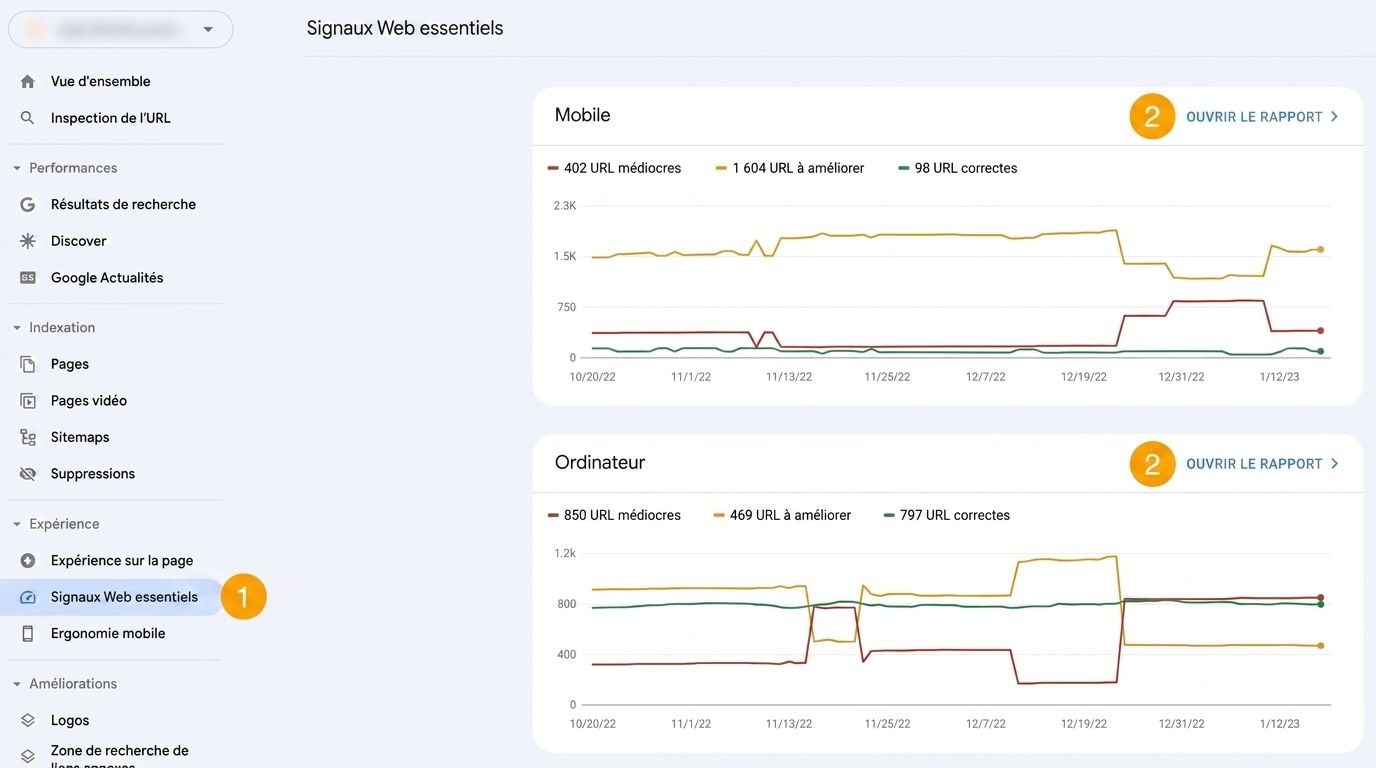 Rapport Core Web Vitals dans la Google Search Console.