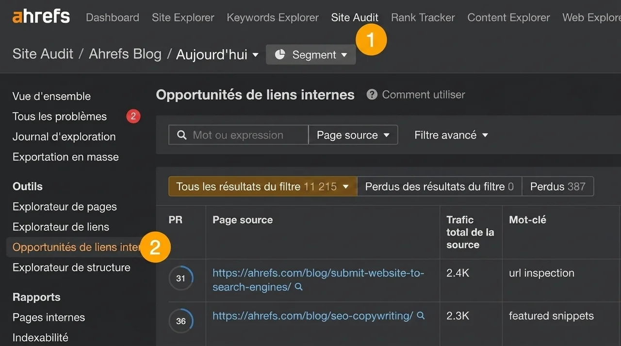 Opportunités de liens internes dans Site Audit.