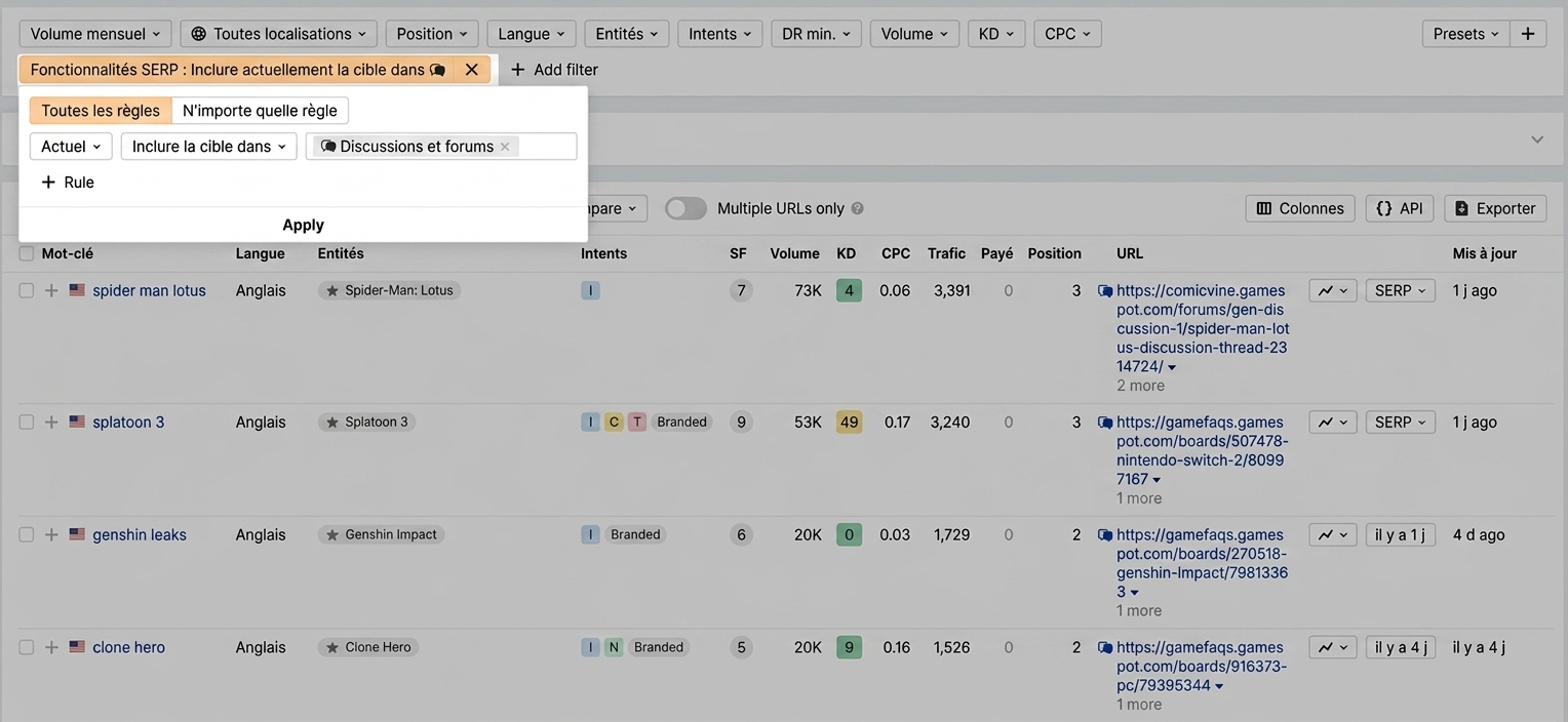 Filtre Inclure la cible dans les Discussions et forums dans Site Explorer