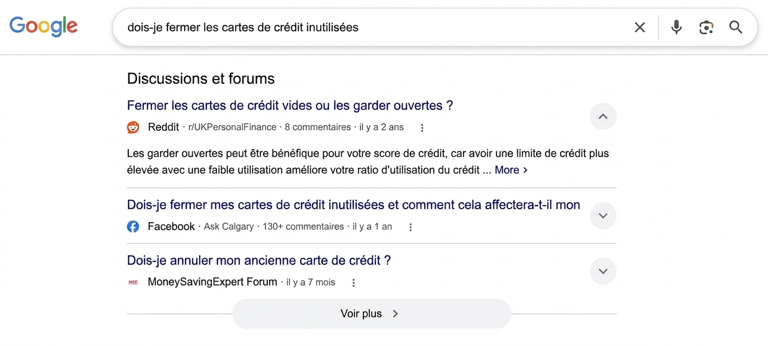 Fonctionnalité SERP Discussions et forums avec résultats Facebook