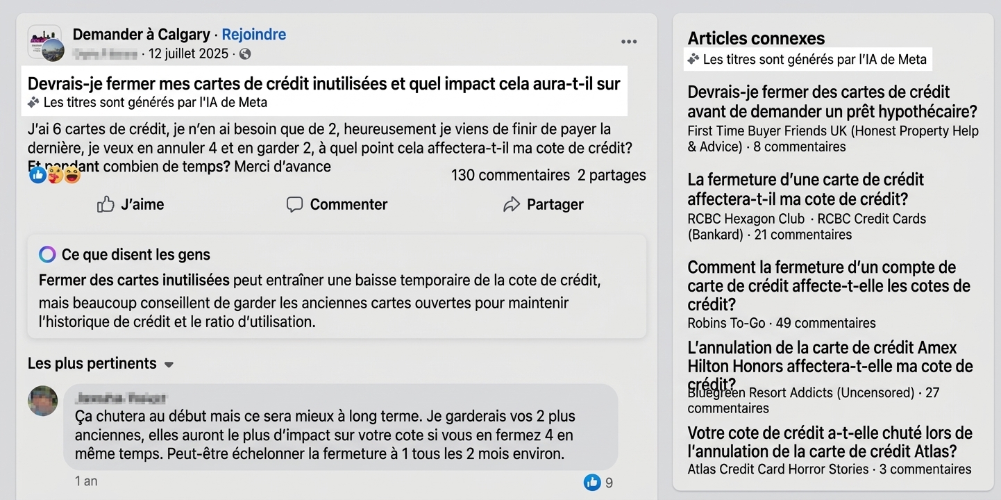 Titres générés par l'IA dans les réponses Facebook dans les SERP