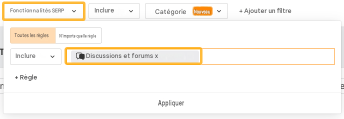 filtre SERP features : discussions et forums