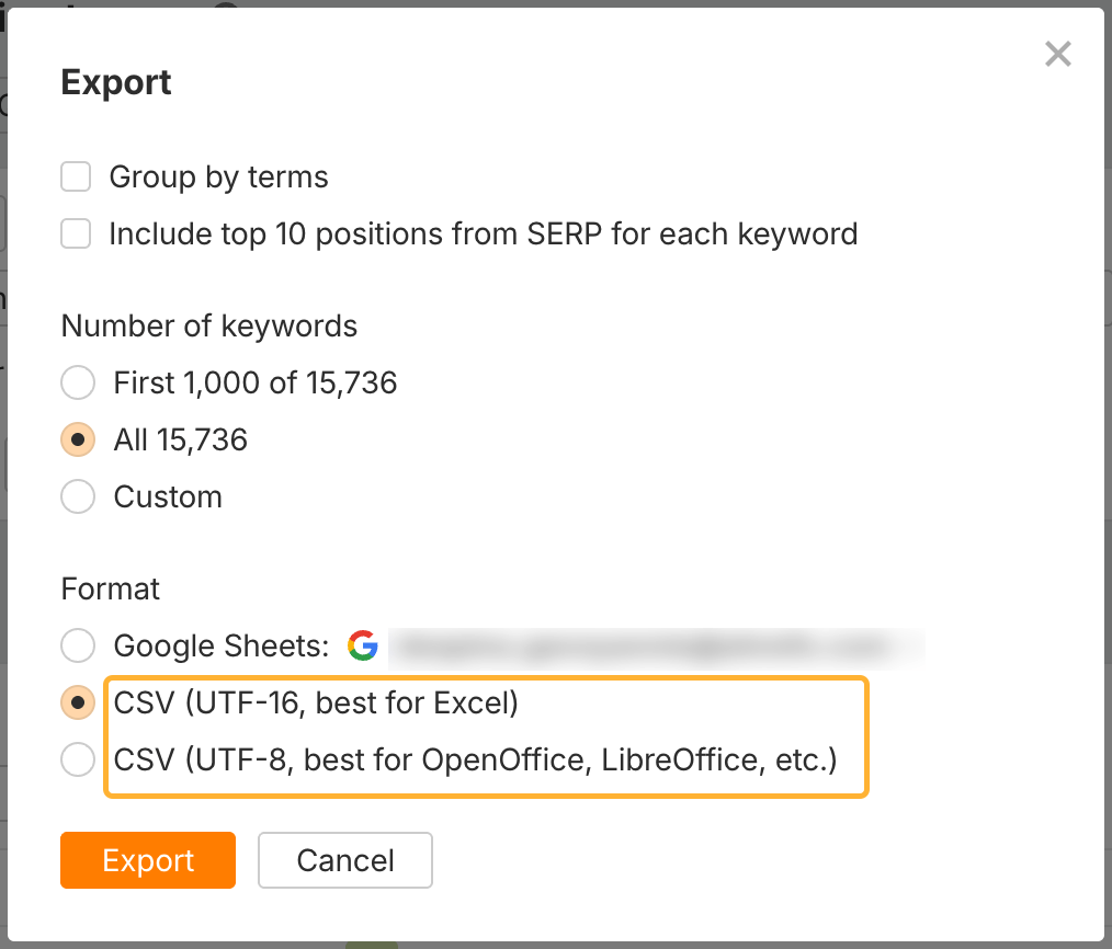 Export de mots-clés depuis Keywords Explorer au format CSV