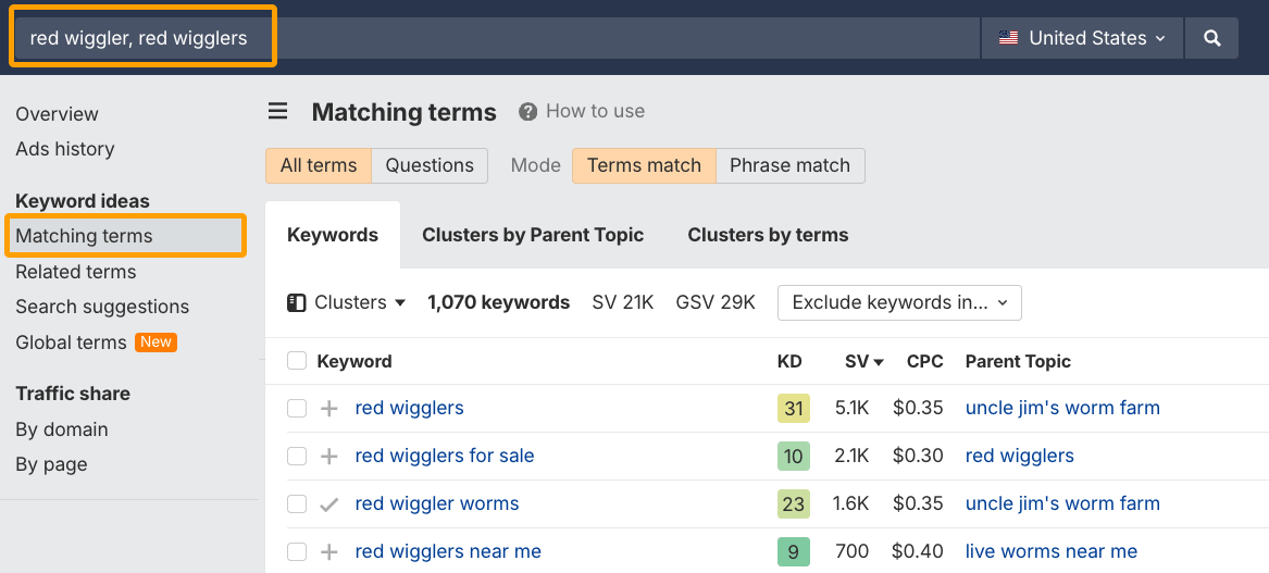 Étape 1 pour créer une liste dans Keywords Explorer