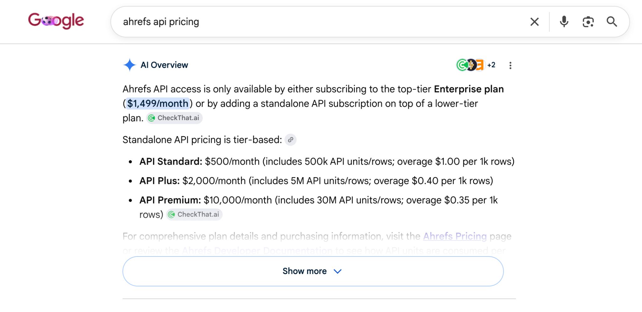 A Google search result for "ahrefs api pricing" showing a summary of Ahrefs API pricing tiers and an enterprise plan.