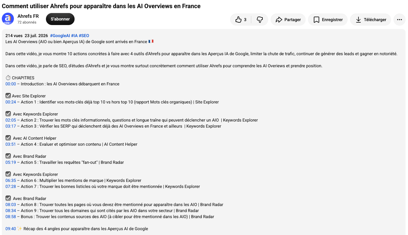 L'horodatage dans la description d'une vidéo YouTube Ahrefs FR