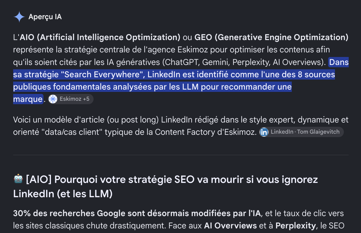 Exemple citation AIO article LinkedIn