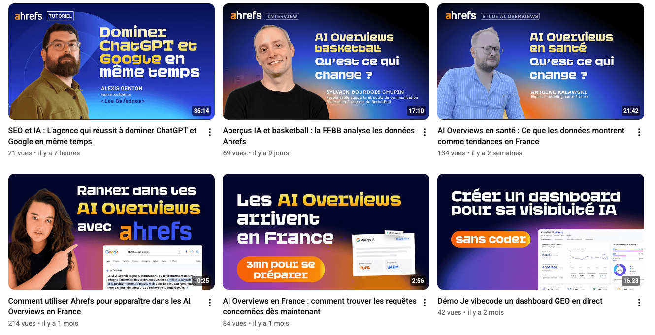 Les miniatures de la chaîne YouTube Ahrefs FR