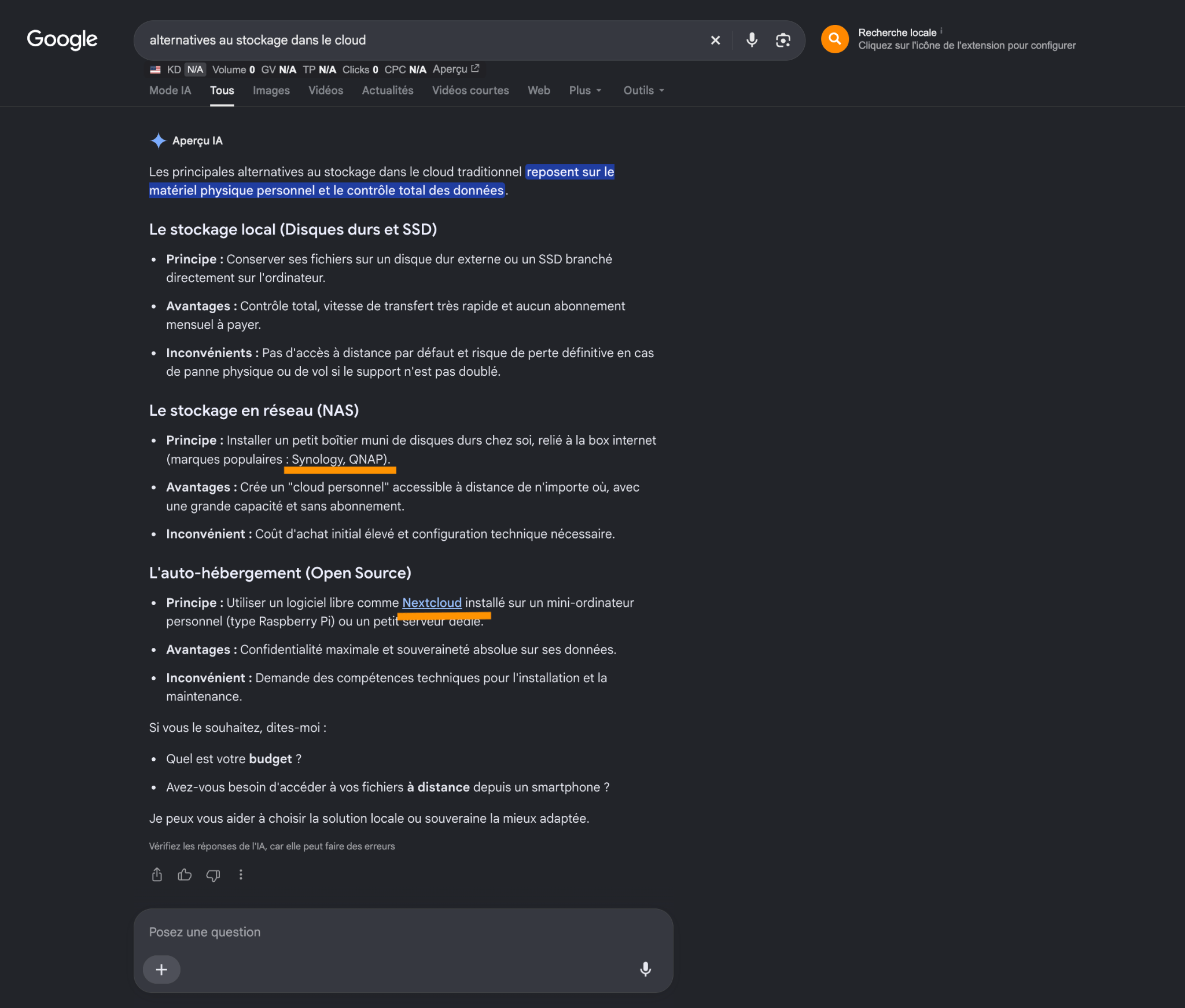 Recherche sur Google AI Overview pour la requête : alternatives au stockage dans le cloud