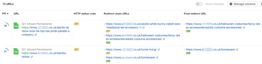 redirect chain report site audit