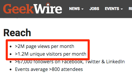 GeekWireの広告掲載案内ページに掲載されている、サイトのアクセス規模や広告情報をまとめた紹介セクションのスクリーンショット