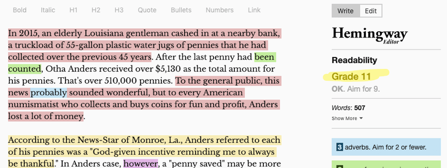 ヘミングウェイの書籍が11年生レベルの読解難易度であることを示しているスクリーンショット。
