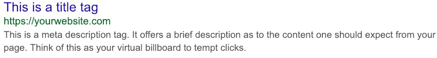 "ウェブページのHTMLで設定される、Google検索結果に表示されるメタタイトルとメタディスクリプションの例を示すスクリーンショット。
"
