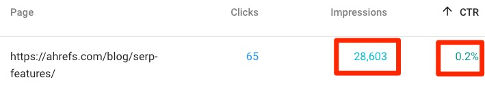 "Google Search Consoleのパフォーマンスレポートで、インプレッションは多いがCTR（クリック率）が低いページを確認している画面。
"

