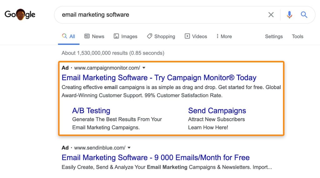 GoogleのPPC (Pay Per Click) 広告の画面例