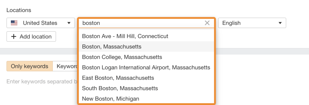 州や都市、郵便番号レベルでのランキング追跡が可能な、Ahrefs Rank Tracker のローカル SEO 用ダッシュボードのスクリーンショット
