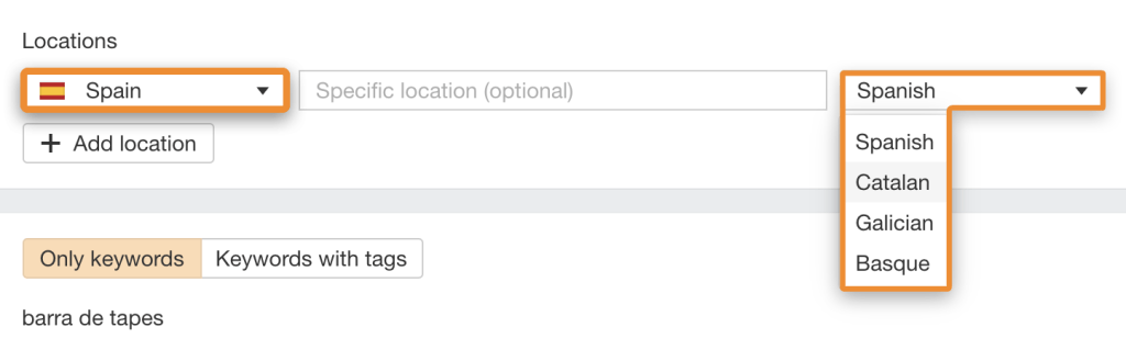 "Ahrefs Rank Tracker で、バルセロナのレストランのウェブサイトをスペイン語とカタルーニャ語の両方の検索者向けにランキング追跡する設定画面のスクリーンショット
"
