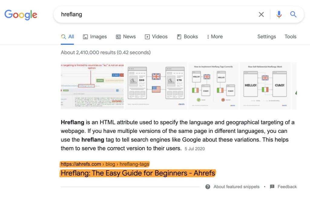 Google が Ahrefs の hreflang ガイドから抽出したスニペットを表示する検索結果のスクリーンショット
