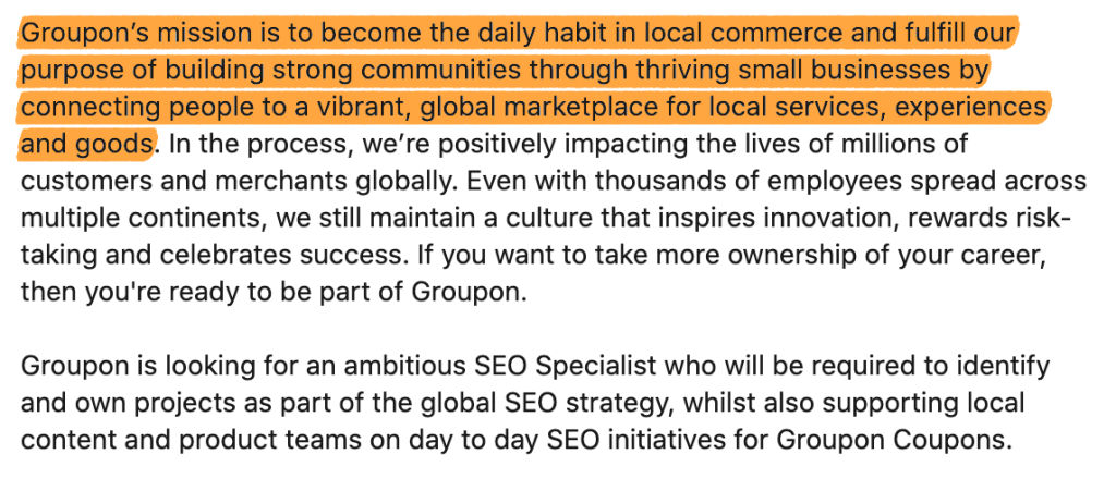 Grouponの企業ミッションとSEOスペシャリスト募集要項の一部を示すスクリーンショット