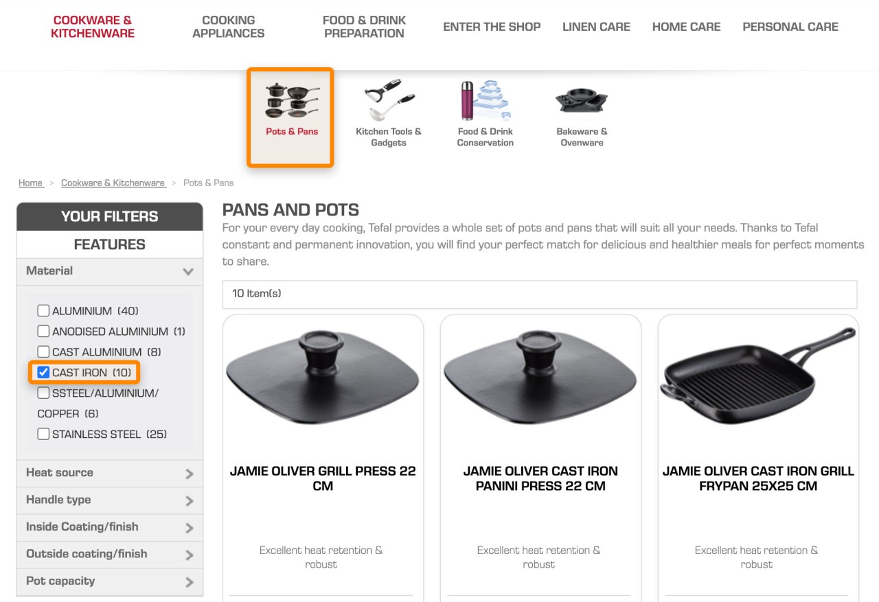調理器具サイトの「鍋・フライパン」カテゴリに並ぶ鋳鉄製などの鍋やフライパンの一覧画像
