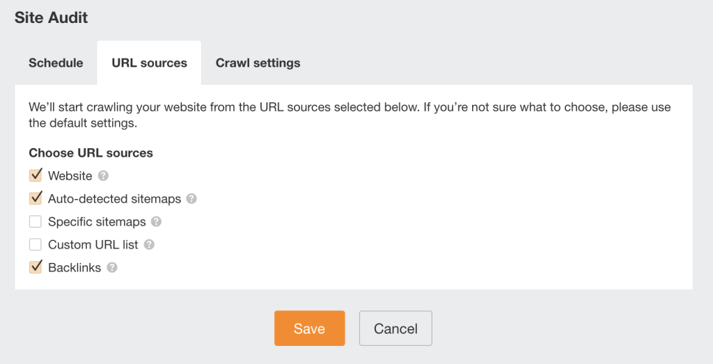Ahrefsサイト監査のプロジェクト設定画面で、URLソースにサイトマップと被リンクを追加している状態を示すスクリーンショット
