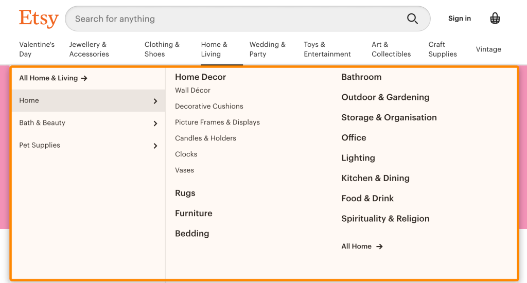 "Etsyの大規模サイト向けに、多数のカテゴリを整理してユーザーフレンドリーに表示した複雑なナビゲーションメニューのスクリーンショット
"
