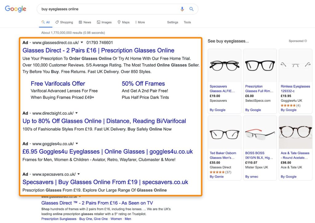 「buy glasses online(眼鏡 オンライン 通販)」の検索結果で、上位に4つの有料広告が表示され、全クリックの39%が広告に流れることを示すGoogle SERPのスクリーンショット。