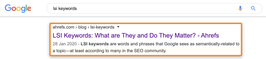 Googleのオーガニック検索結果で、各ページがタイトル、URL、説明的なスニペット(ディスクリプション)とともに表示される例を示す図。