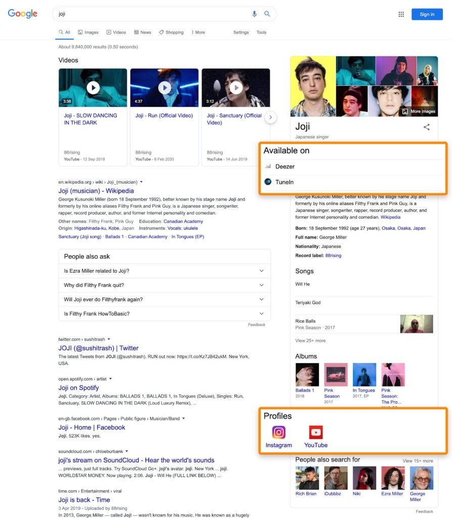 ナレッジパネルの例で、検索クエリに関連してGoogleがソーシャルプロフィールやパートナーサイトへのリンクを表示する様子を示す図。