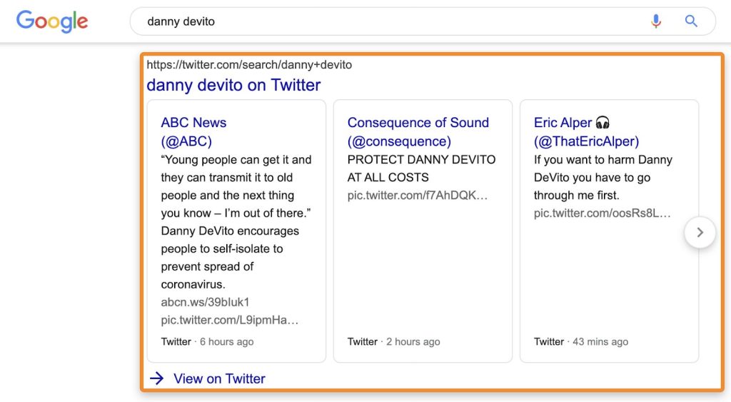 ツイートボックスで「danny devito」を検索し、クエリに関連する公式Twitter(X)アカウントや複数アカウントの人気ツイートがカルーセル形式で表示される様子を示す図。