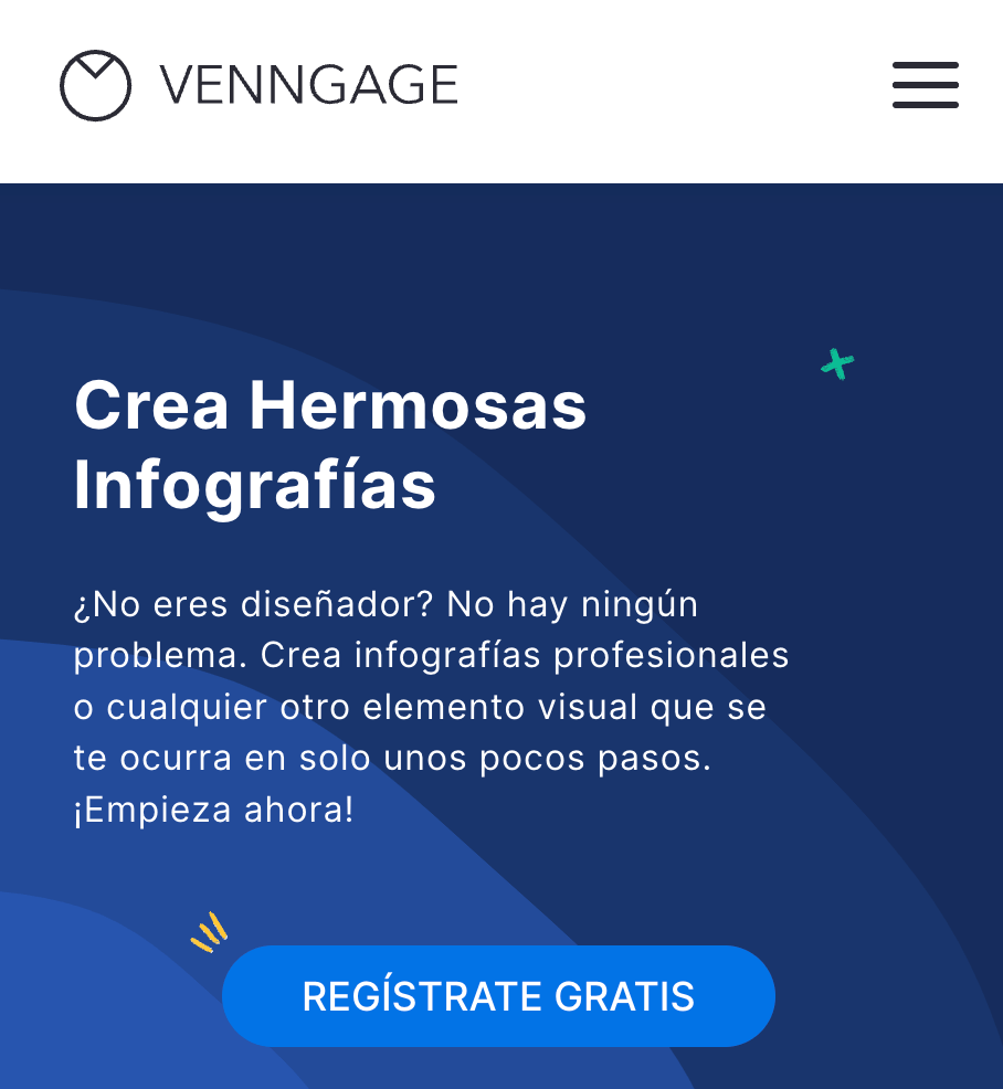 Venngage のサイトで、英語以外にスペイン語版を含む多言語ページが一覧表示されている画面キャプチャ。